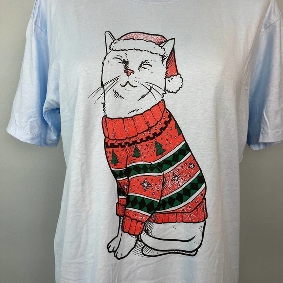 alstyle Cat In Ugly Christmas Sweater and Hat Graphic T-Shirt Size M Light Blue - Picture 2 of 12